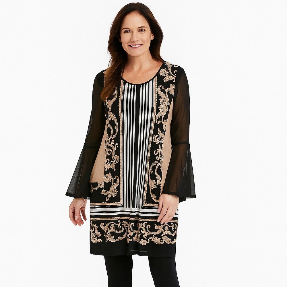 KBS Women’s Black Dress Size Large Split Bell Sleeves Baroque Print Tunic Dress